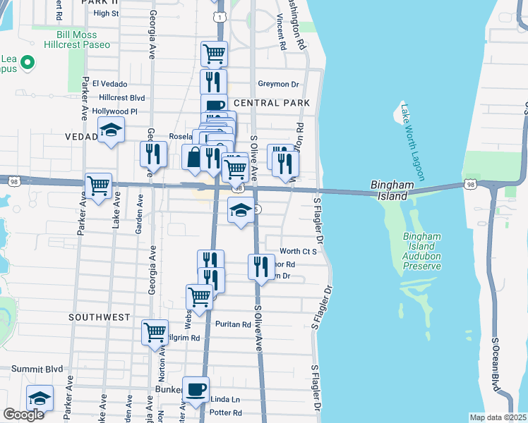 map of restaurants, bars, coffee shops, grocery stores, and more near 235 Nottingham Boulevard in West Palm Beach