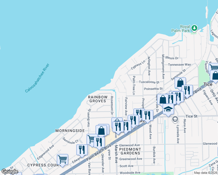 map of restaurants, bars, coffee shops, grocery stores, and more near 144 Riverview Road in Fort Myers