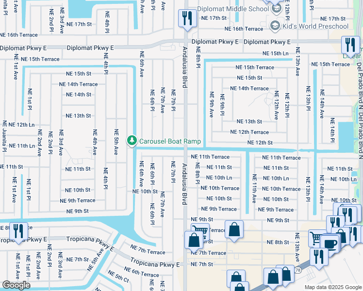 map of restaurants, bars, coffee shops, grocery stores, and more near 1130 Andalusia Boulevard in Cape Coral