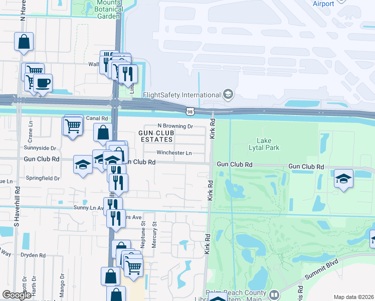 map of restaurants, bars, coffee shops, grocery stores, and more near 4121 Winchester Lane in West Palm Beach