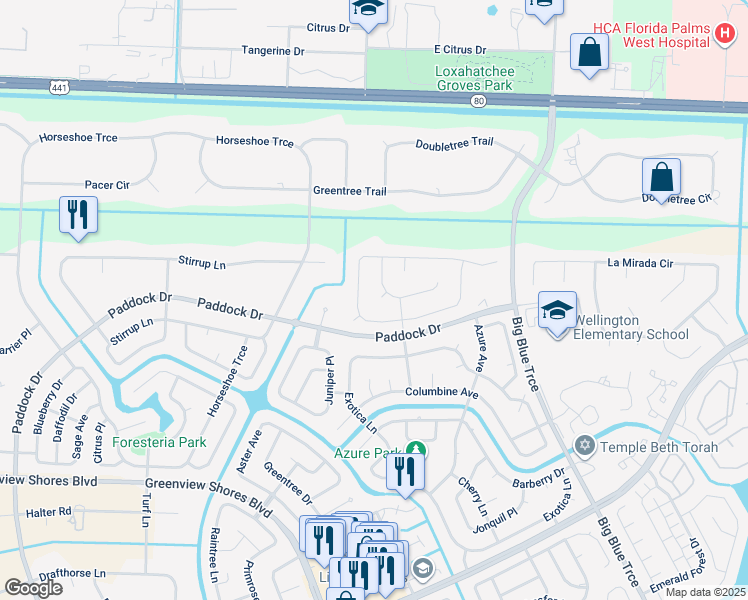 map of restaurants, bars, coffee shops, grocery stores, and more near 317 Knotty Wood Lane in Wellington