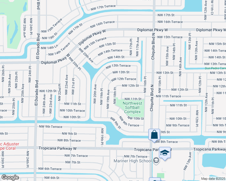 map of restaurants, bars, coffee shops, grocery stores, and more near 1130 Northwest 18th Place in Cape Coral
