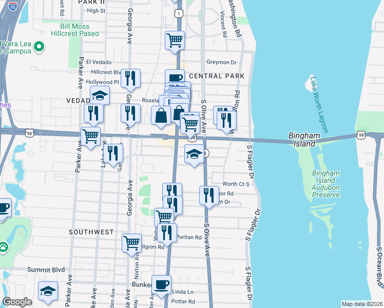 map of restaurants, bars, coffee shops, grocery stores, and more near 329 Nottingham Boulevard in West Palm Beach