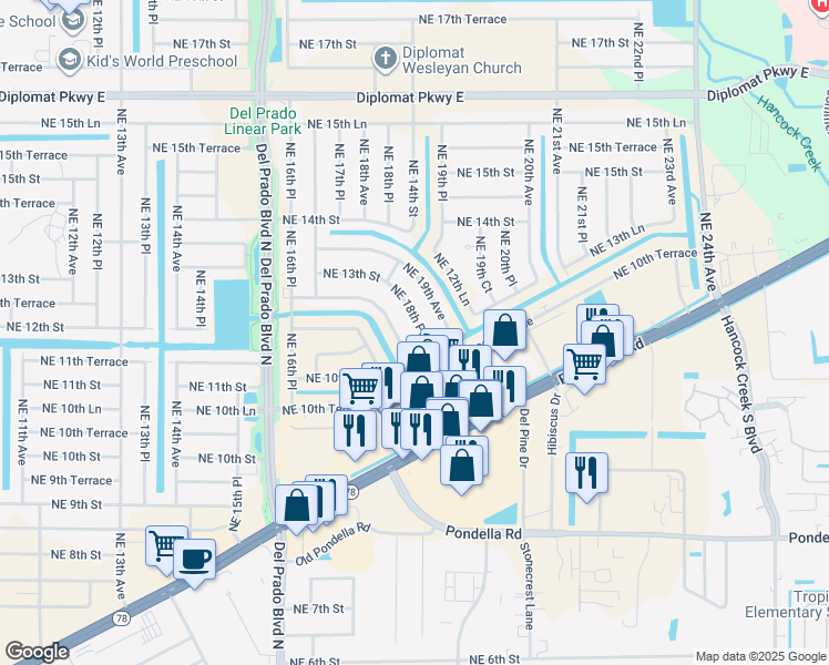 map of restaurants, bars, coffee shops, grocery stores, and more near 1108 Northeast 18th Place in Cape Coral