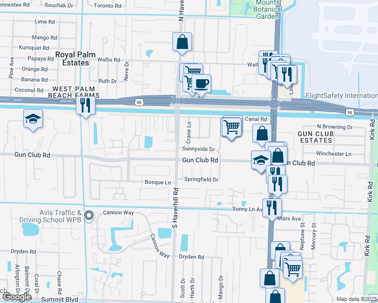 map of restaurants, bars, coffee shops, grocery stores, and more near 4938 Sunnyside Drive in West Palm Beach