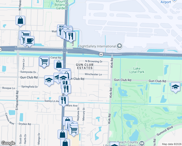 map of restaurants, bars, coffee shops, grocery stores, and more near 4219 Winchester Lane in West Palm Beach