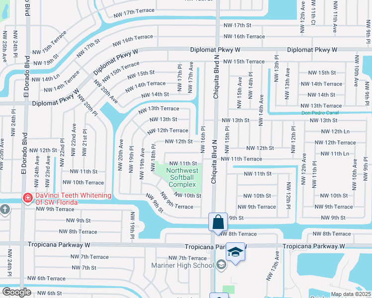 map of restaurants, bars, coffee shops, grocery stores, and more near 1703 Northwest 11th Terrace in Cape Coral