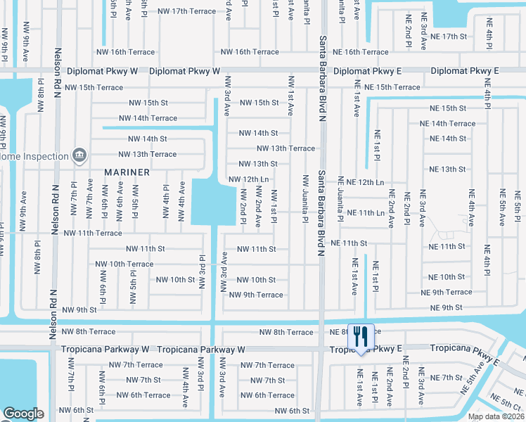 map of restaurants, bars, coffee shops, grocery stores, and more near 1135 Northwest 2nd Avenue in Cape Coral