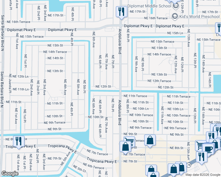 map of restaurants, bars, coffee shops, grocery stores, and more near 710 Northeast 12th Street in Cape Coral