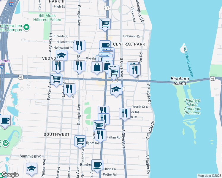 map of restaurants, bars, coffee shops, grocery stores, and more near 329 Nottingham Boulevard in West Palm Beach