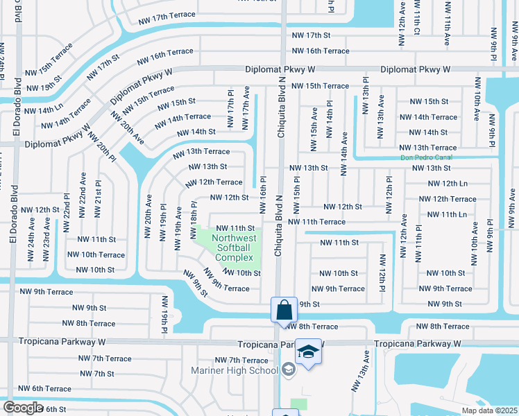 map of restaurants, bars, coffee shops, grocery stores, and more near 1615 Northwest 11th Terrace in Cape Coral