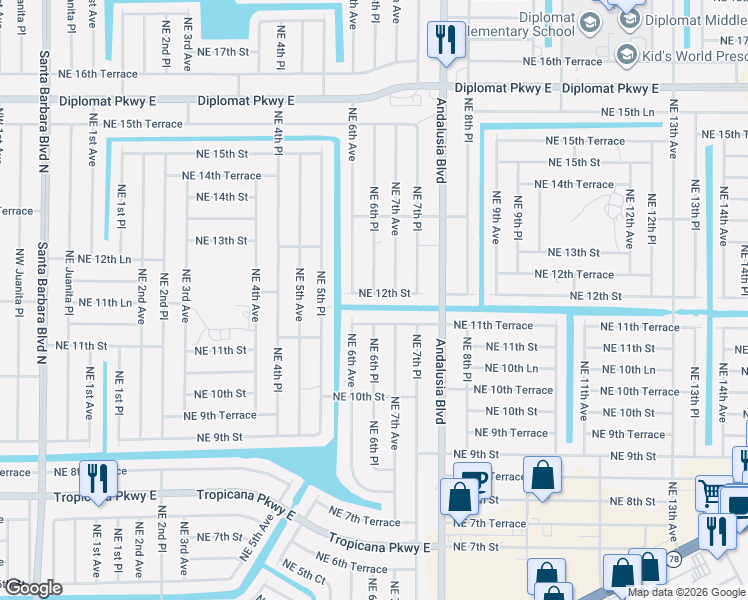 map of restaurants, bars, coffee shops, grocery stores, and more near 614 Northeast 12th Street in Cape Coral