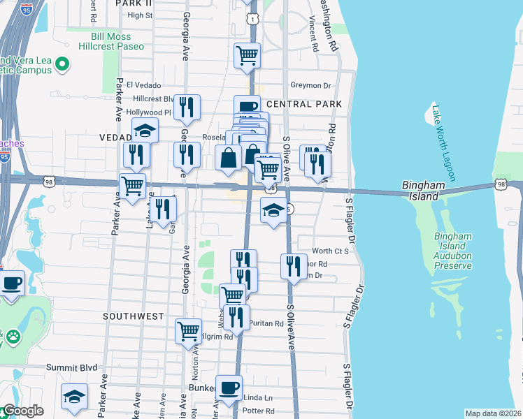map of restaurants, bars, coffee shops, grocery stores, and more near 341 Nottingham Blvd in West Palm Beach