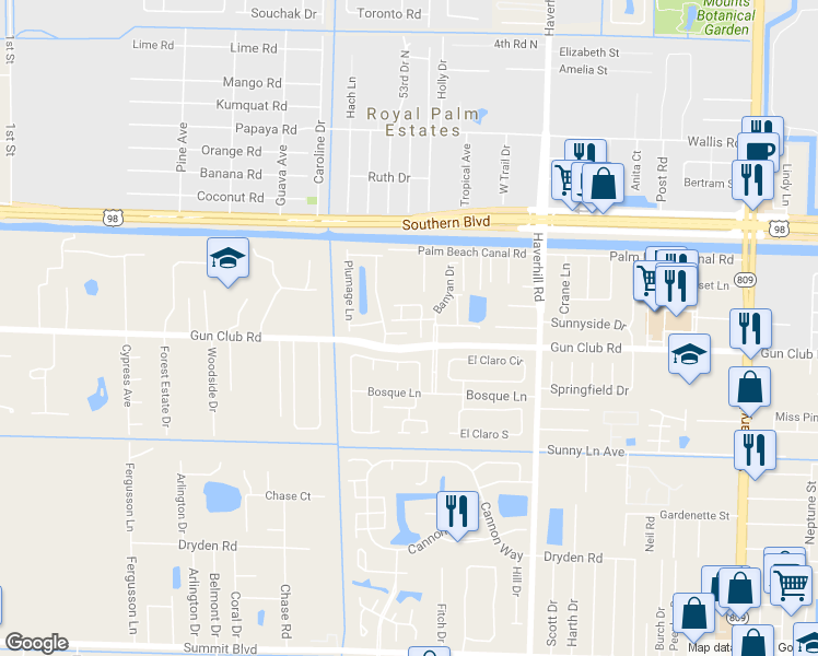 map of restaurants, bars, coffee shops, grocery stores, and more near 5325 Grey Fox Court in West Palm Beach