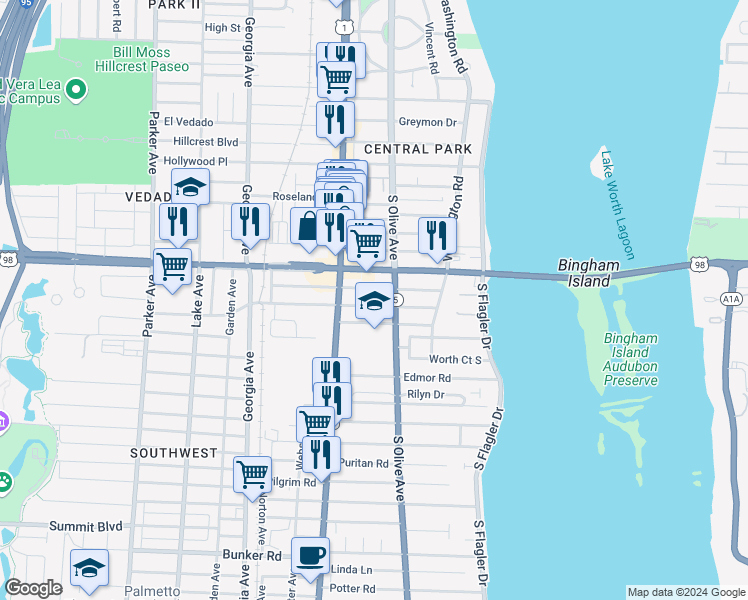 map of restaurants, bars, coffee shops, grocery stores, and more near 329 Nottingham Boulevard in West Palm Beach