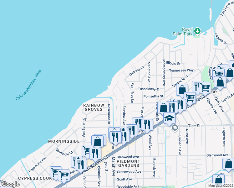 map of restaurants, bars, coffee shops, grocery stores, and more near 157 Riverview Road in Fort Myers