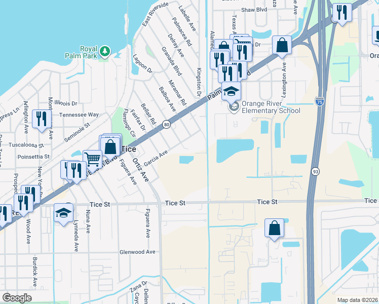 map of restaurants, bars, coffee shops, grocery stores, and more near 434 Buena Vista Boulevard in Fort Myers