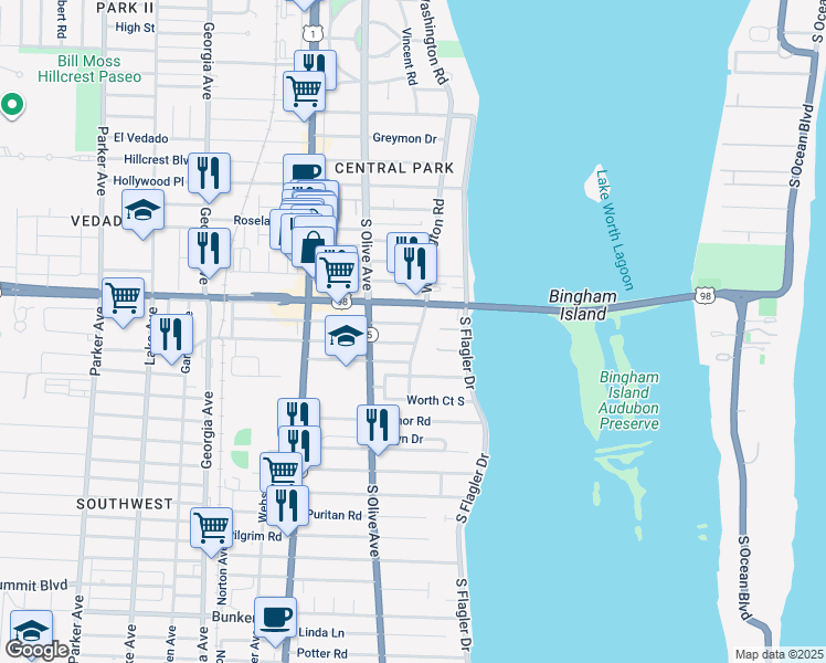 map of restaurants, bars, coffee shops, grocery stores, and more near 4105 Washington Road in West Palm Beach