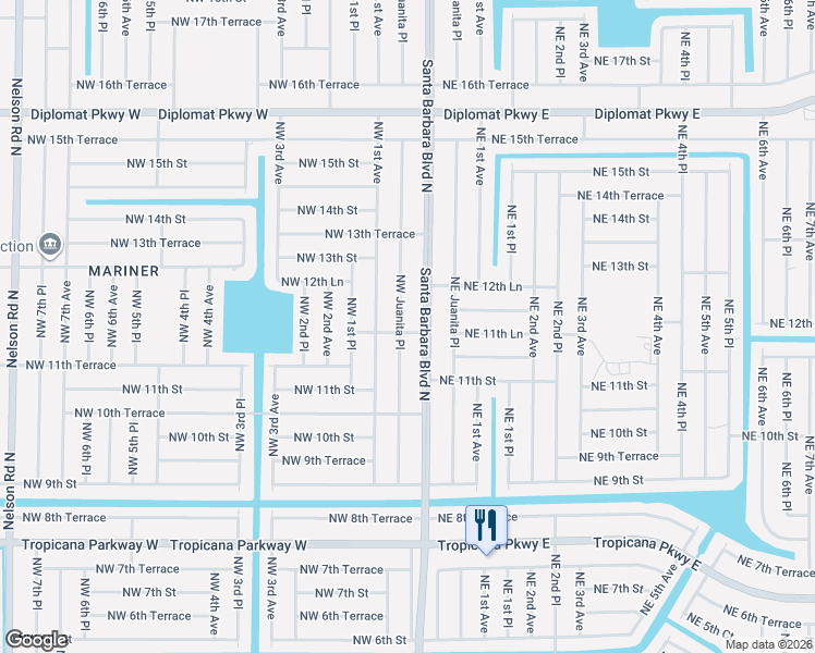 map of restaurants, bars, coffee shops, grocery stores, and more near 1133 Northwest Juanita Place in Cape Coral