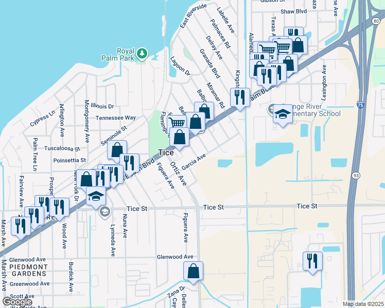 map of restaurants, bars, coffee shops, grocery stores, and more near 426 Fairfax Road in Fort Myers