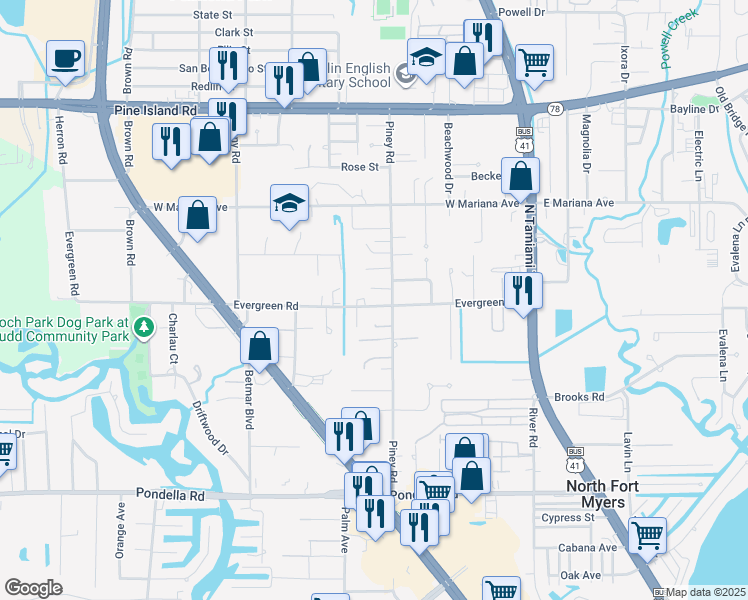 map of restaurants, bars, coffee shops, grocery stores, and more near 1423 Piney Road in North Fort Myers