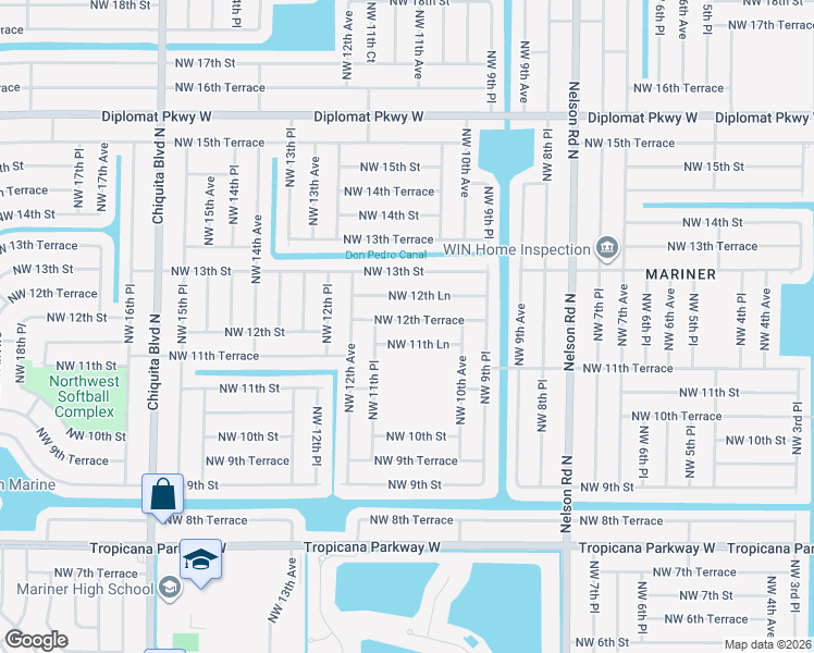 map of restaurants, bars, coffee shops, grocery stores, and more near 1106 Northwest 12th Terrace in Cape Coral