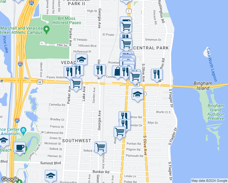 map of restaurants, bars, coffee shops, grocery stores, and more near 441 Nottingham Boulevard in West Palm Beach