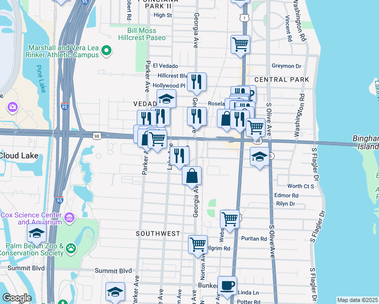 map of restaurants, bars, coffee shops, grocery stores, and more near 4117 Garden Avenue in West Palm Beach