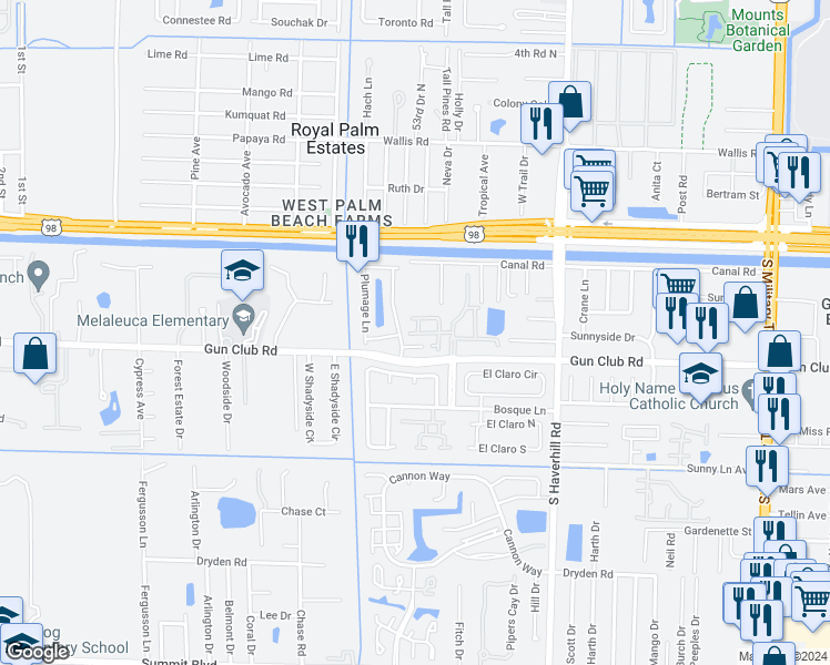 map of restaurants, bars, coffee shops, grocery stores, and more near 5325 Grey Fox Court in West Palm Beach