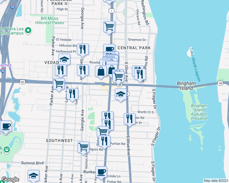 map of restaurants, bars, coffee shops, grocery stores, and more near 329 Nottingham Boulevard in West Palm Beach
