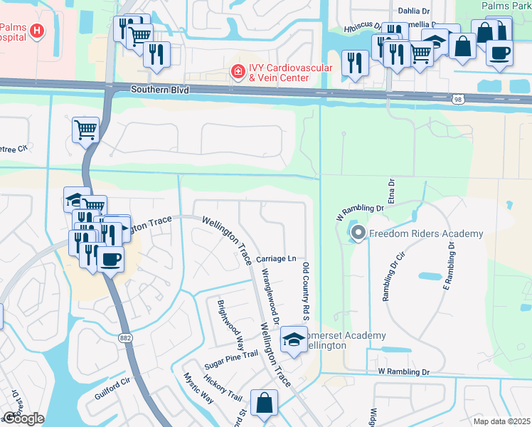 map of restaurants, bars, coffee shops, grocery stores, and more near 147 Sulky Way in Wellington