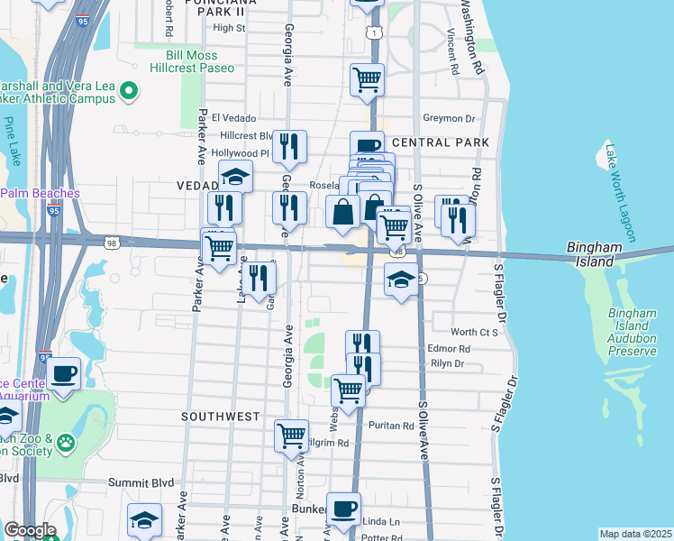 map of restaurants, bars, coffee shops, grocery stores, and more near 441 Nottingham Boulevard in West Palm Beach