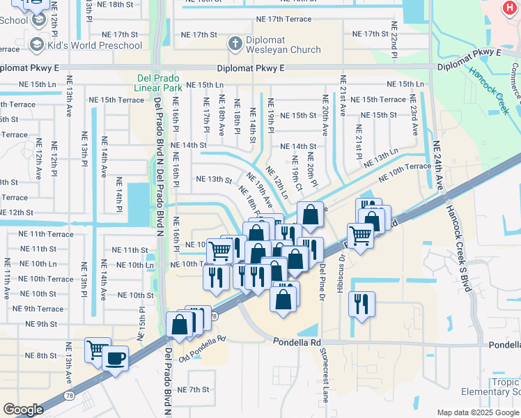 map of restaurants, bars, coffee shops, grocery stores, and more near 1108 Northeast 18th Place in Cape Coral