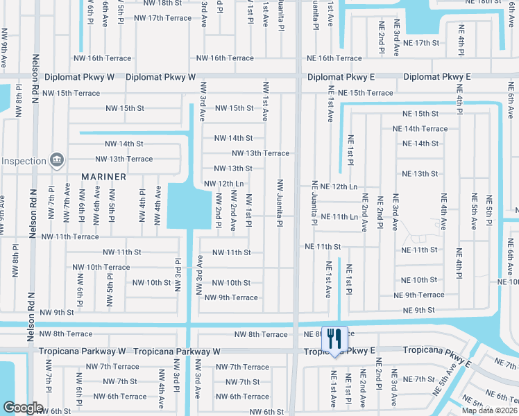 map of restaurants, bars, coffee shops, grocery stores, and more near 1136 Northwest 1st Avenue in Cape Coral