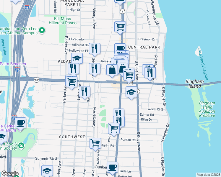 map of restaurants, bars, coffee shops, grocery stores, and more near 441 Nottingham Boulevard in West Palm Beach