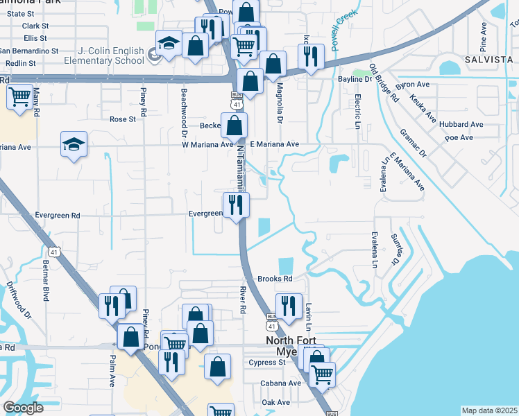 map of restaurants, bars, coffee shops, grocery stores, and more near 25 Crescent Lake Drive in North Fort Myers