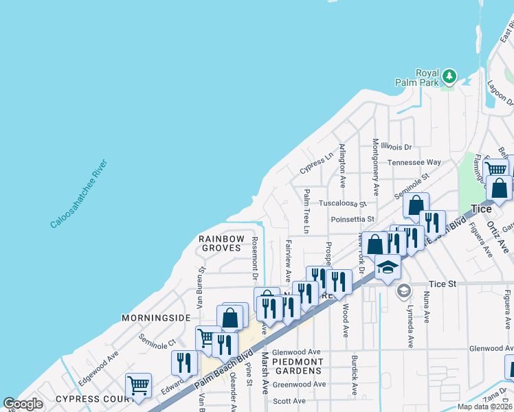 map of restaurants, bars, coffee shops, grocery stores, and more near 144 Riverview Road in Fort Myers