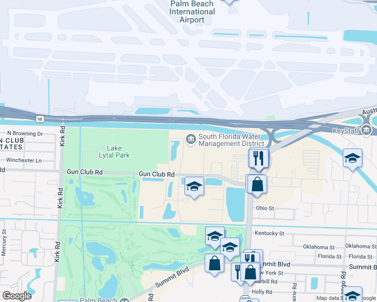 map of restaurants, bars, coffee shops, grocery stores, and more near 3301 Gun Club Road in West Palm Beach