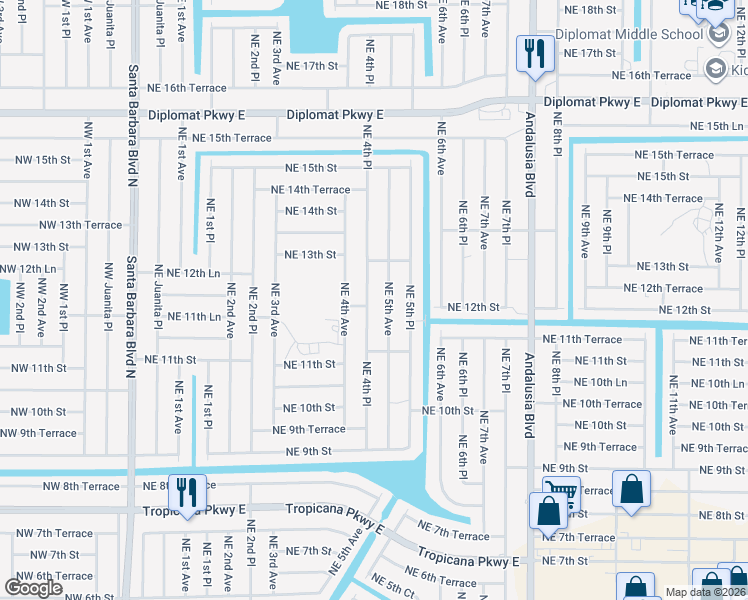 map of restaurants, bars, coffee shops, grocery stores, and more near 1138 Northeast 4th Place in Cape Coral