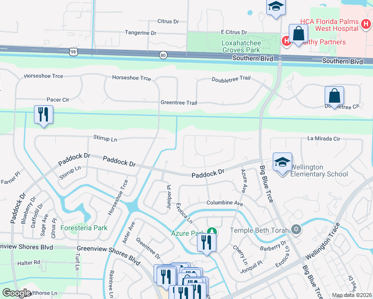 map of restaurants, bars, coffee shops, grocery stores, and more near 317 Knotty Wood Lane in Wellington