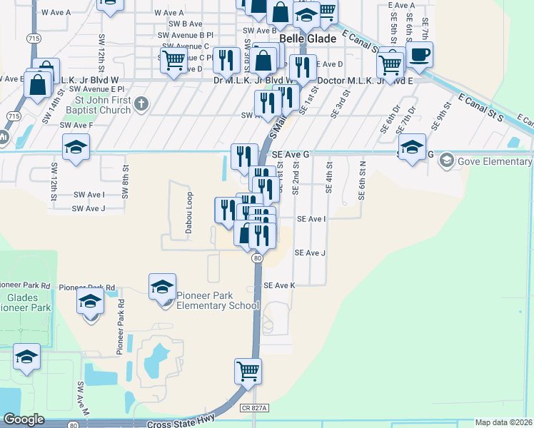 map of restaurants, bars, coffee shops, grocery stores, and more near 865 South Main Street in Belle Glade