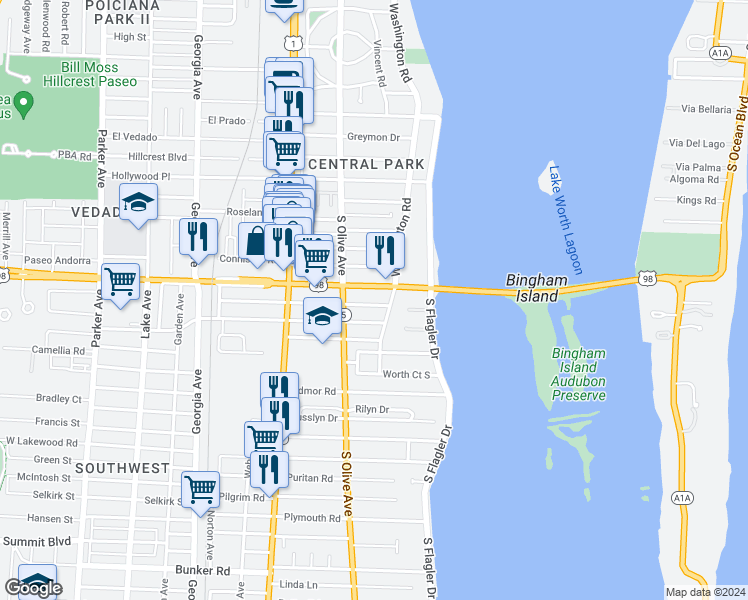 map of restaurants, bars, coffee shops, grocery stores, and more near 217 Malverne Road in West Palm Beach