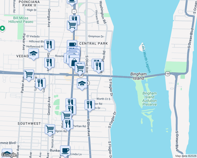 map of restaurants, bars, coffee shops, grocery stores, and more near 4105 Washington Road in West Palm Beach