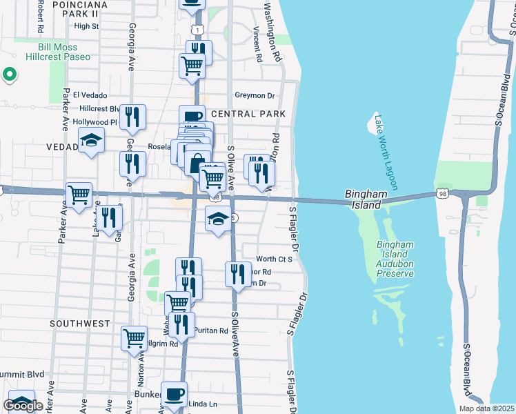 map of restaurants, bars, coffee shops, grocery stores, and more near 4105 Washington Road in West Palm Beach
