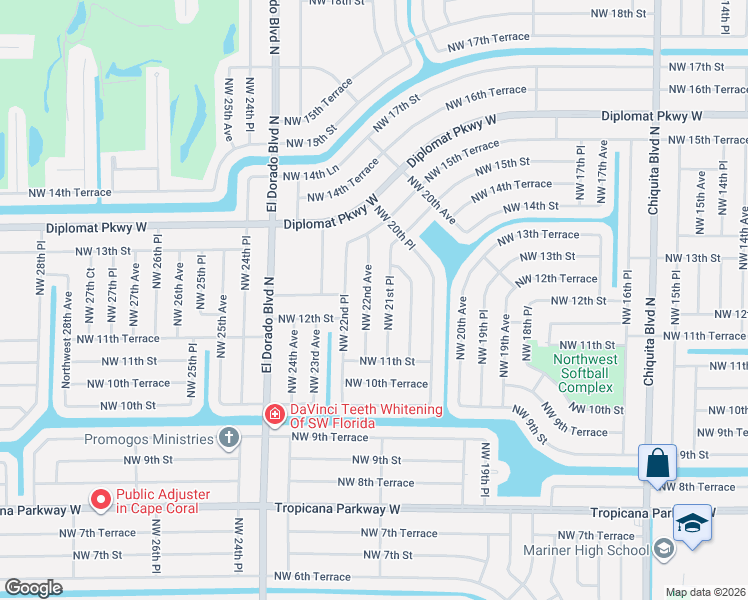 map of restaurants, bars, coffee shops, grocery stores, and more near 1200 Northwest 21st Place in Cape Coral