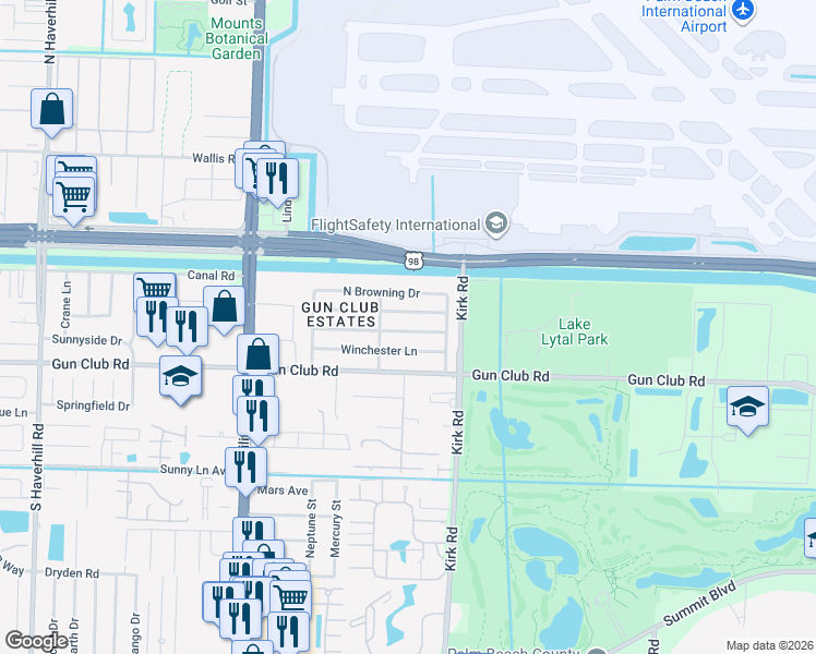 map of restaurants, bars, coffee shops, grocery stores, and more near 4121 Winchester Lane in West Palm Beach