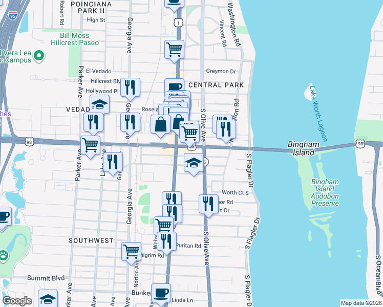 map of restaurants, bars, coffee shops, grocery stores, and more near 325 Malverne Road in West Palm Beach