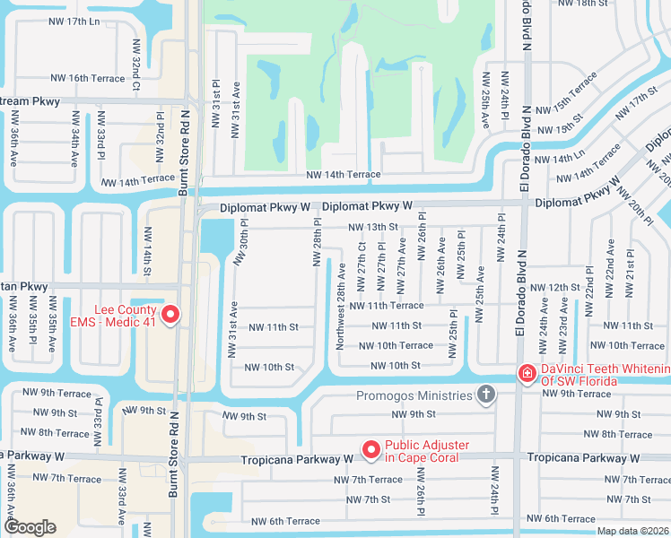 map of restaurants, bars, coffee shops, grocery stores, and more near 1128 Northwest 28th Avenue in Cape Coral