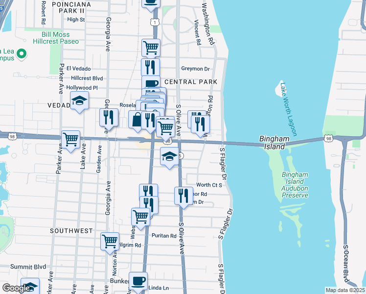 map of restaurants, bars, coffee shops, grocery stores, and more near 235 Nottingham Boulevard in West Palm Beach