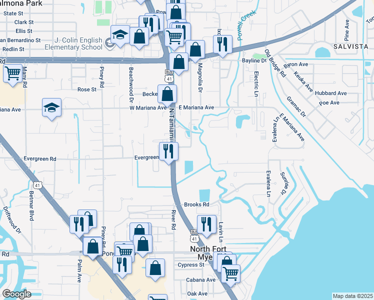 map of restaurants, bars, coffee shops, grocery stores, and more near 25 Crescent Lake Drive in North Fort Myers